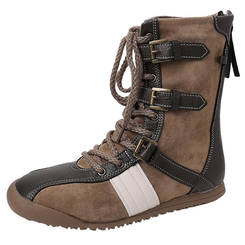 Retro style color matching splicing lace-up belt buckle flat-bottomed German training shoes women's 2025 autumn and winter new sports shoes boxing bo