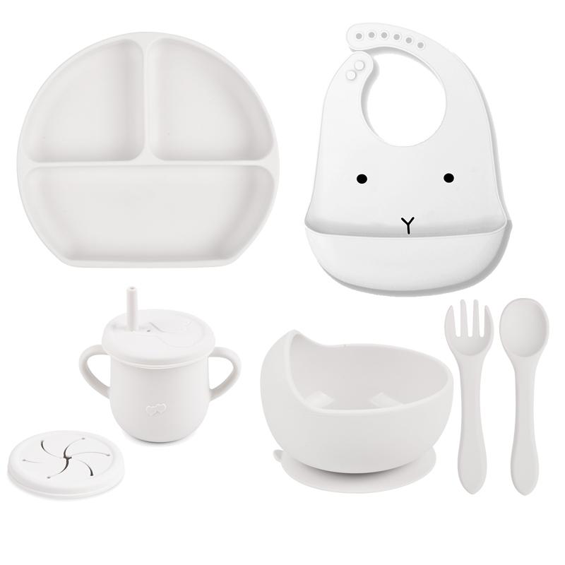 7pcs/set Baby Silicone Tableware Cartoon Printed Bibs Sucker Bowl Plate Cup Spoon Fork Sets Non-slip Children's Dishes BPA Free
