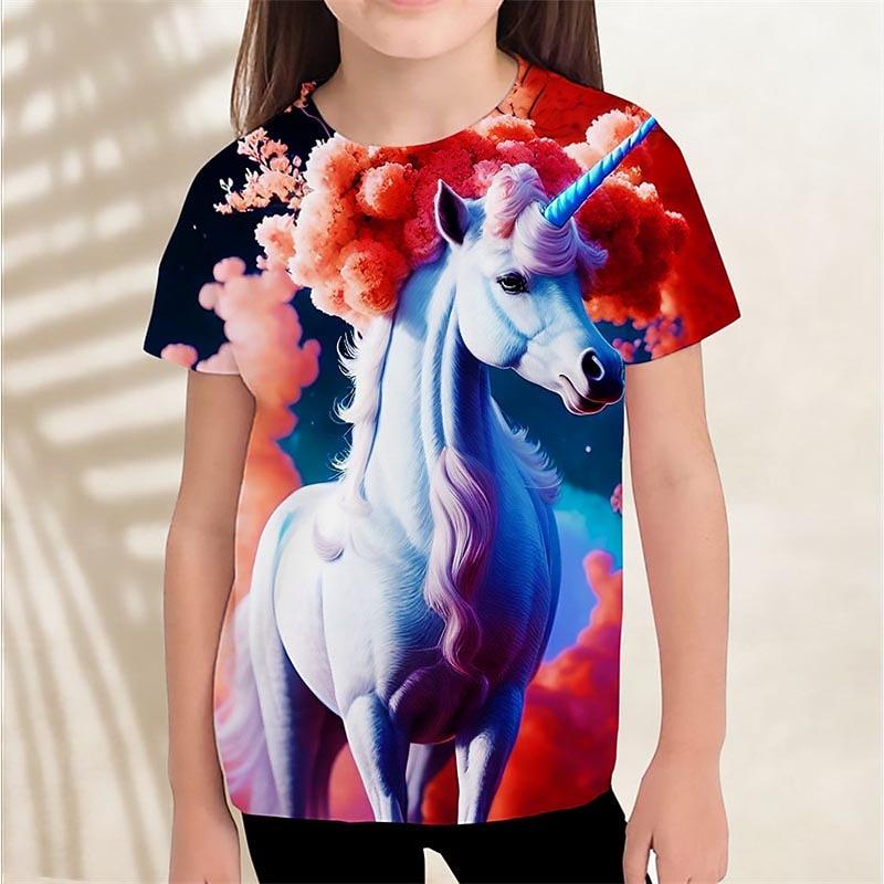 Girls' 3D Graphic Unicorn Cloud T shirt Tee Short Sleeve Summer Spring Active Fashion Cute Kids