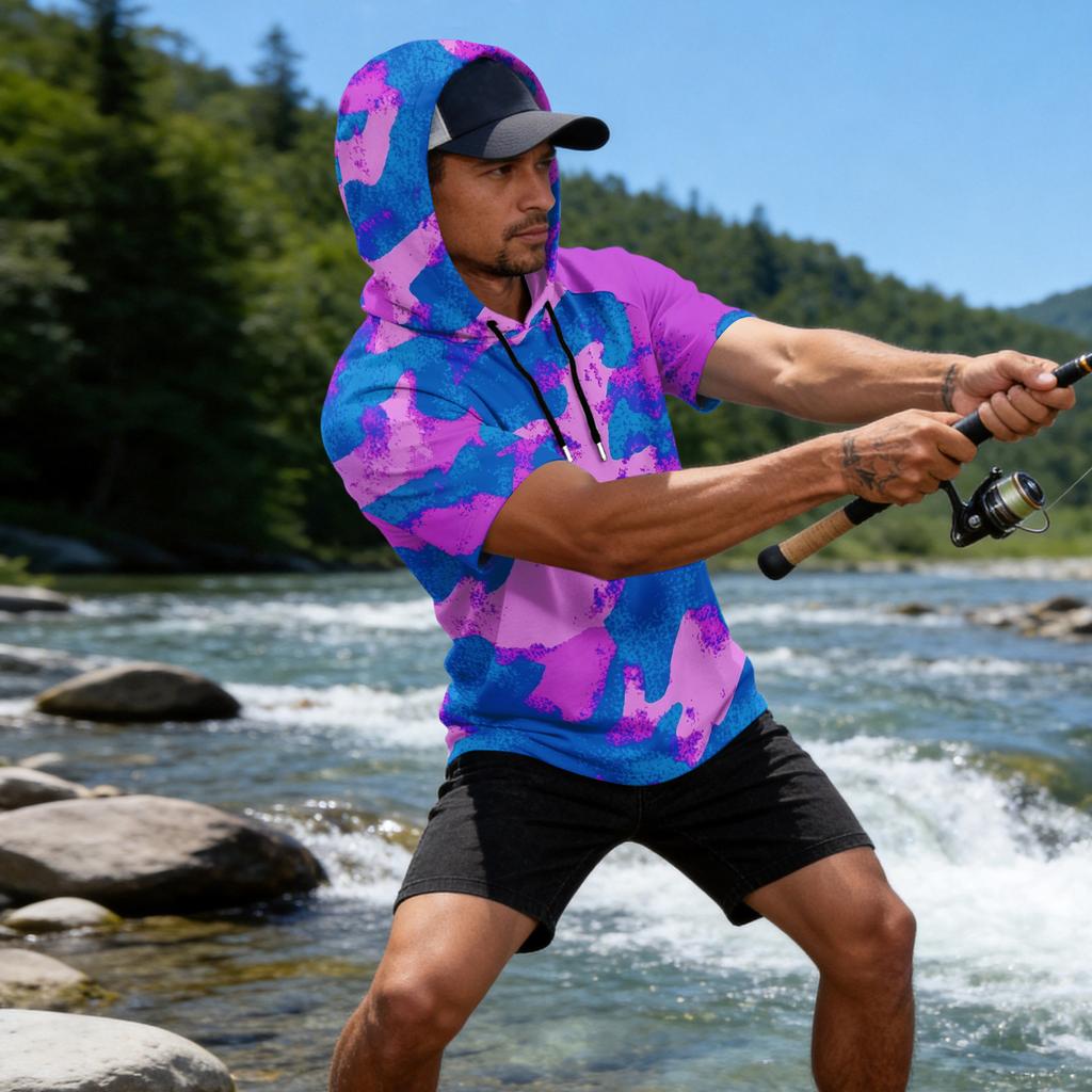 Men's Camouflage Print Raglan Sleeve Casual Sport Fishing Short Sleeve Hoodie Lightweight Breathable Outdoor Top
