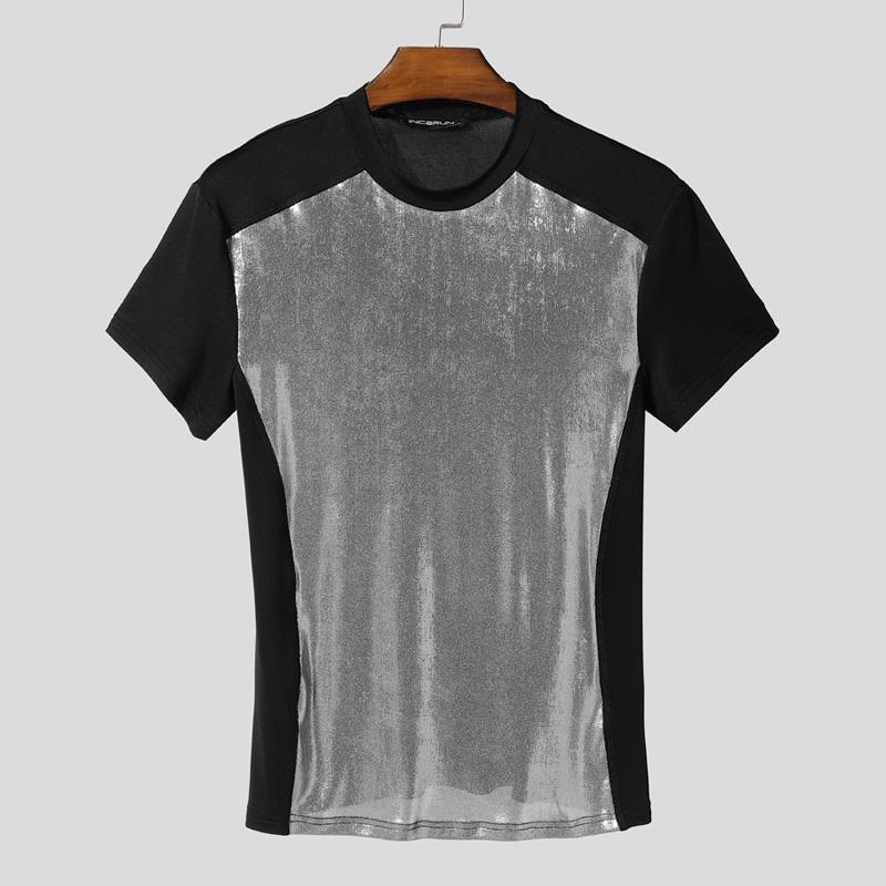 

INCERUN Чоловічі футболки з круглим вирізом, коротким рукавом, блискучою клаптиковою вставкою, напівпрозорим поєднанням, облягаючі M сірий колір