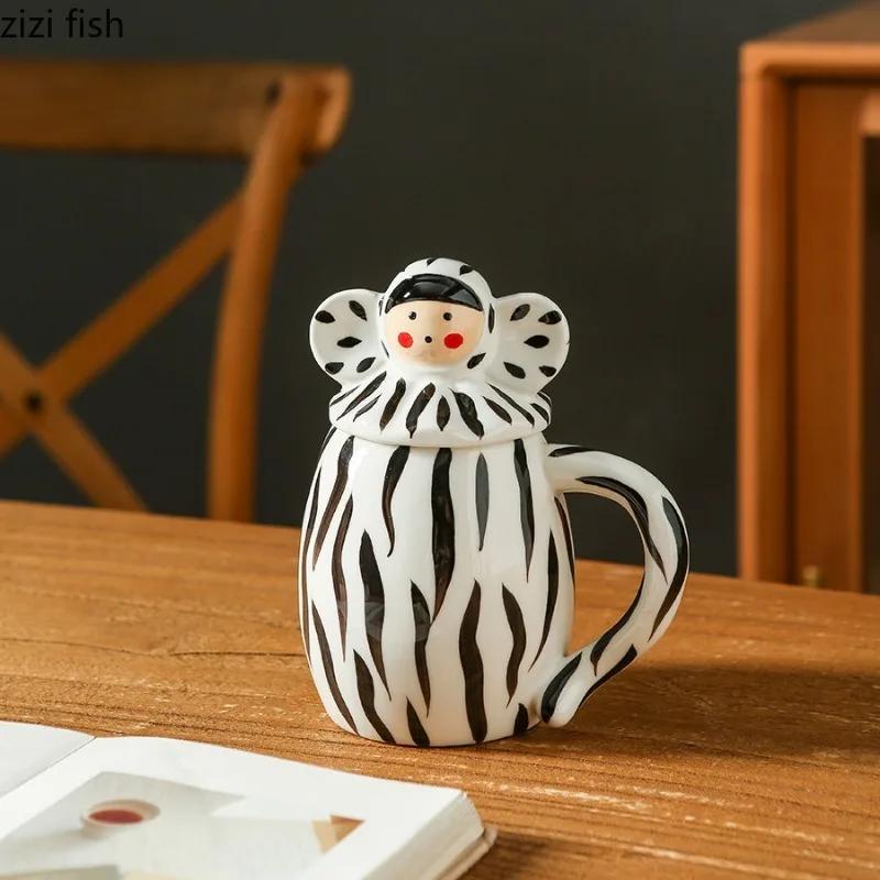 Hand Drawn Ceramic Mug with Lid Milk Tea Cup Water Cups Afternoon Tea Cup Coffee Cups Milk Mug Juice Mugs Teacup Coffee Mugs