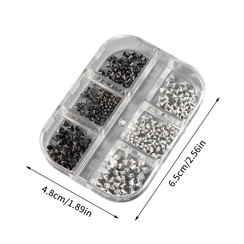 6 Grids Y2K Punk Metal Rivet Nail Charms Cone Mixed Sized Black Silver Nail Art Studs 3D Stylish Alloy Spike For Diy Nails Decor