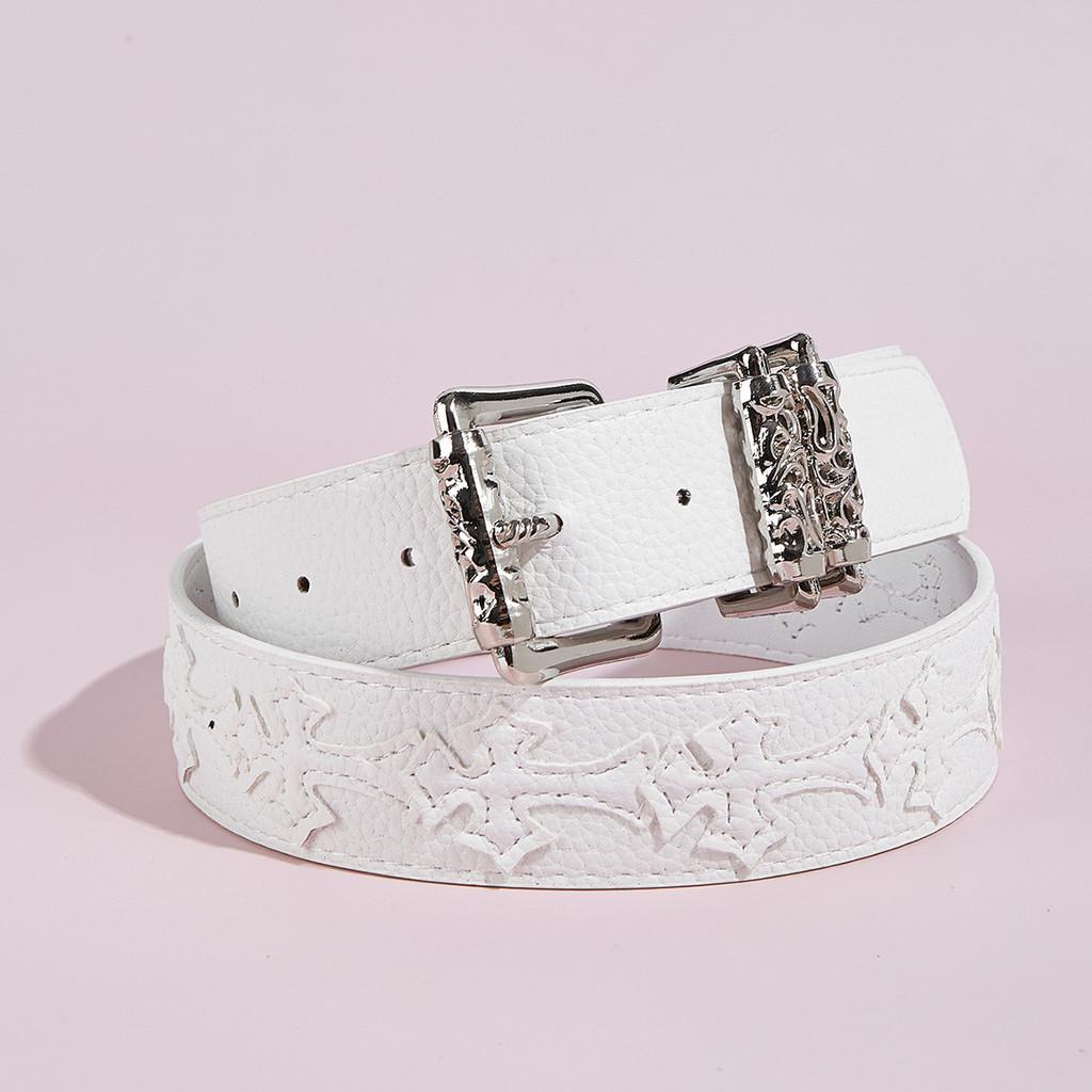 Youth Cross Flower Pu Leather Belt For Men With Snap Closure Punk Street Style White