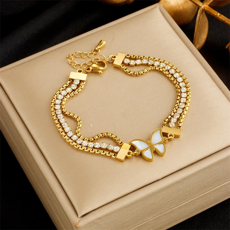 Gold Plated Stainless Steel Double Row Chain Bracelet with Oval Red CZ Stone белый