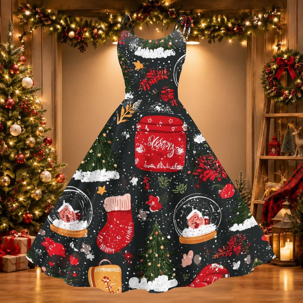Sexy schulterfreies Retro-Kleid für Damen mit Weihnachtsdruck für Feiertagspartys
