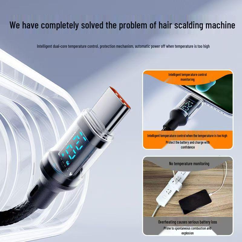 120W Fast Charging Dual Type-C Cable with Intelligent Display for Apple, Huawei, and Laptops