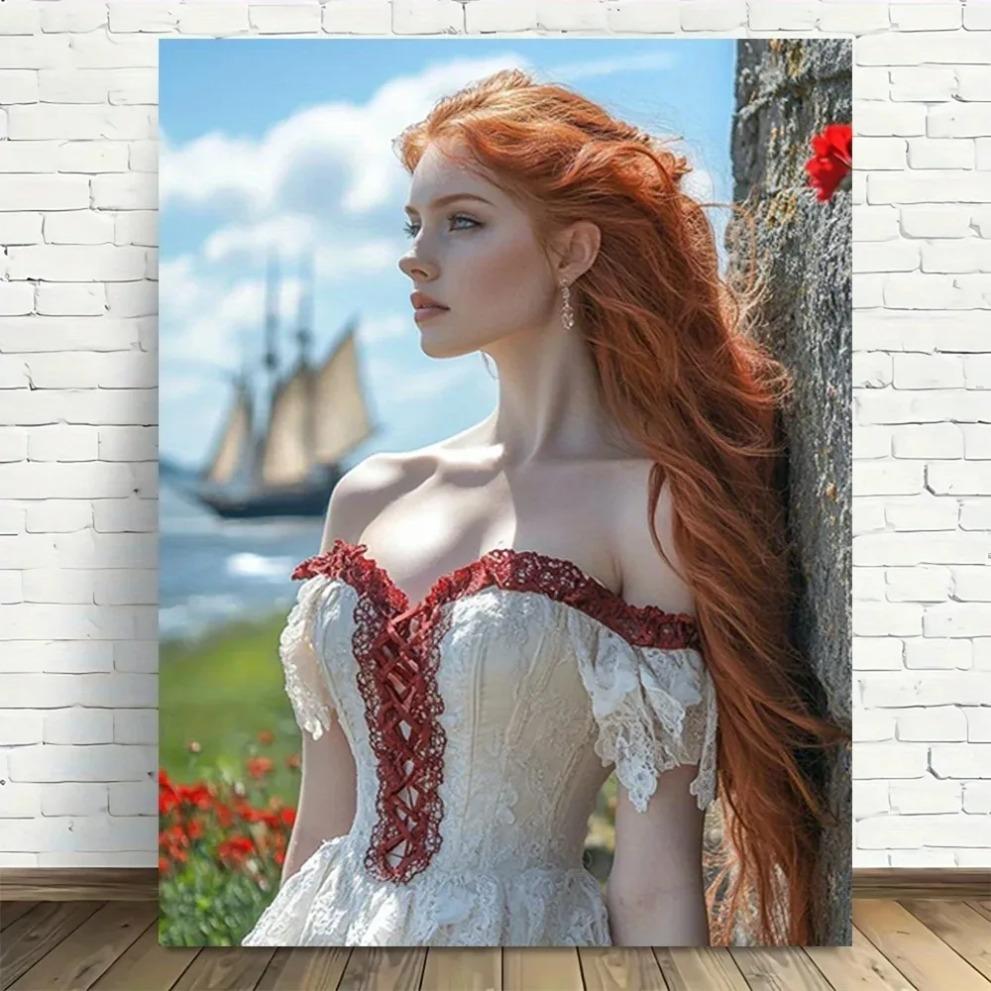 

HD Metal Tin Sign Stunning Redhead Pirate Princess in Vintage Lace Dress Coastal Wall Art Retro Metal Plaque for Man Cave Decor 20x30cm（7.8x11.8inch）