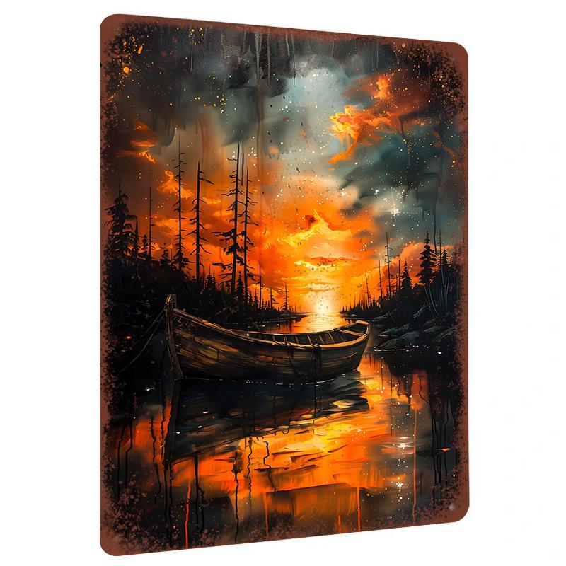 

Twilight Lake Lonely Boat Scenery Metal Wall Art Modern Home Decor Living Room Art Hanging Painting 20x30cm（7.8x11.8inch）