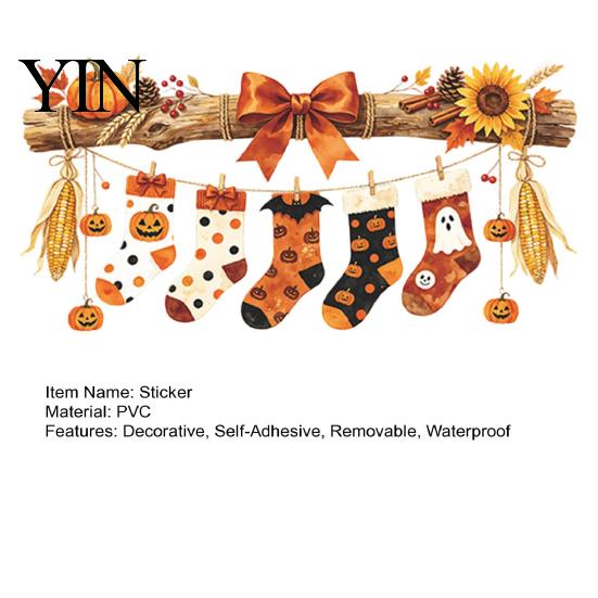Fenstersticker Halloween Hängende Socken Aufkleber, Dekorative Zweige Kürbis Popcorn & Schleife für den Herbst Wasserdichte Aufkleber Erntedankfest