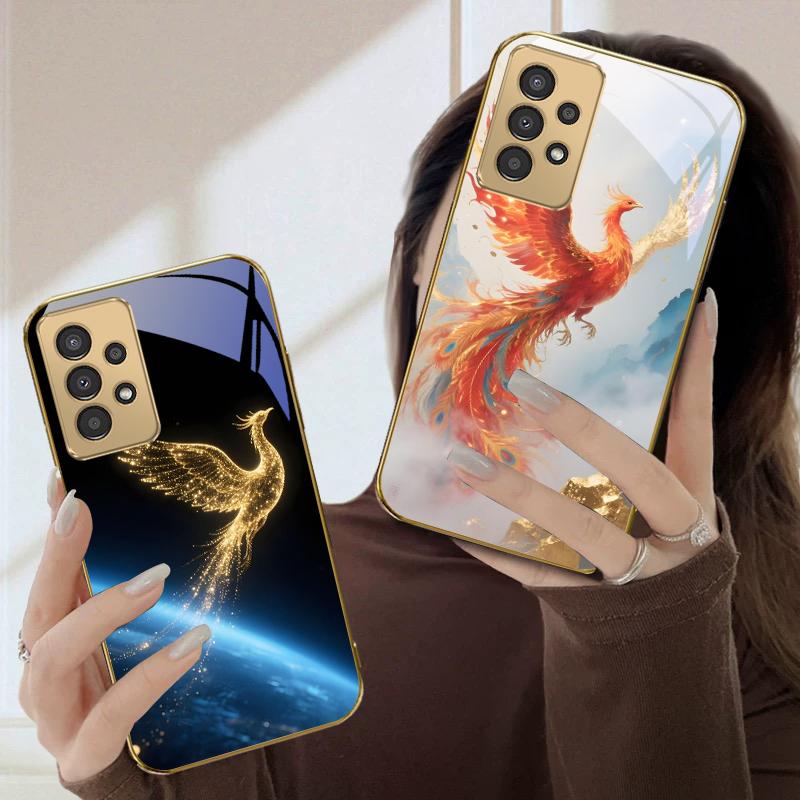 Reborn Golden Phoenix For Samsung A50 A51 A52 A53 A54 A55 56 14 15 13 16 26 31 32 33 34 35 70 71 72 73 Golden glass phone case