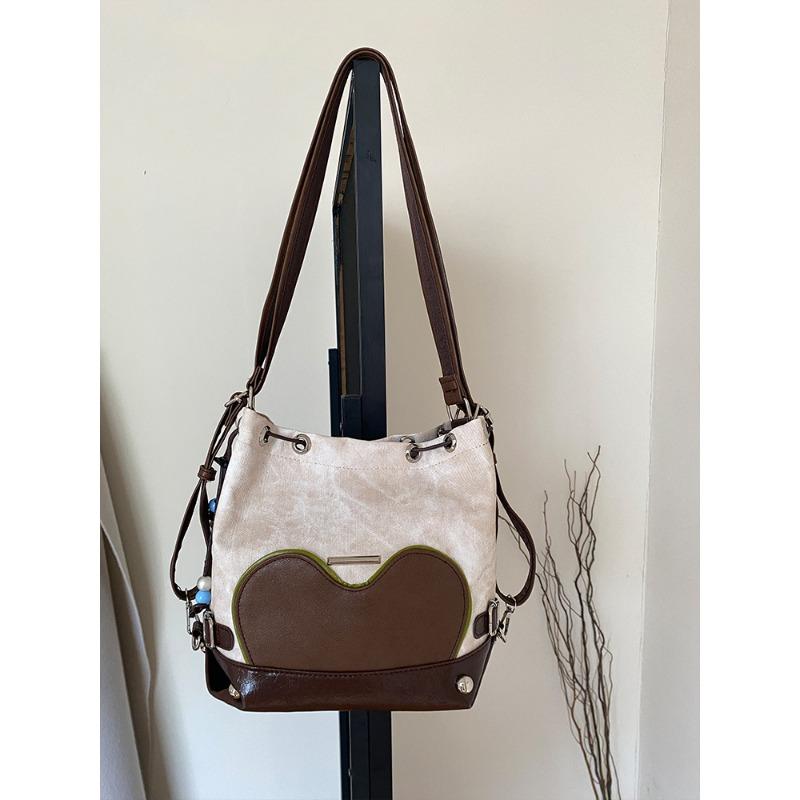 

New fashion bag retro large-capacity bucket bag love splicing contrasting color shoulder bag versatile messenger bag