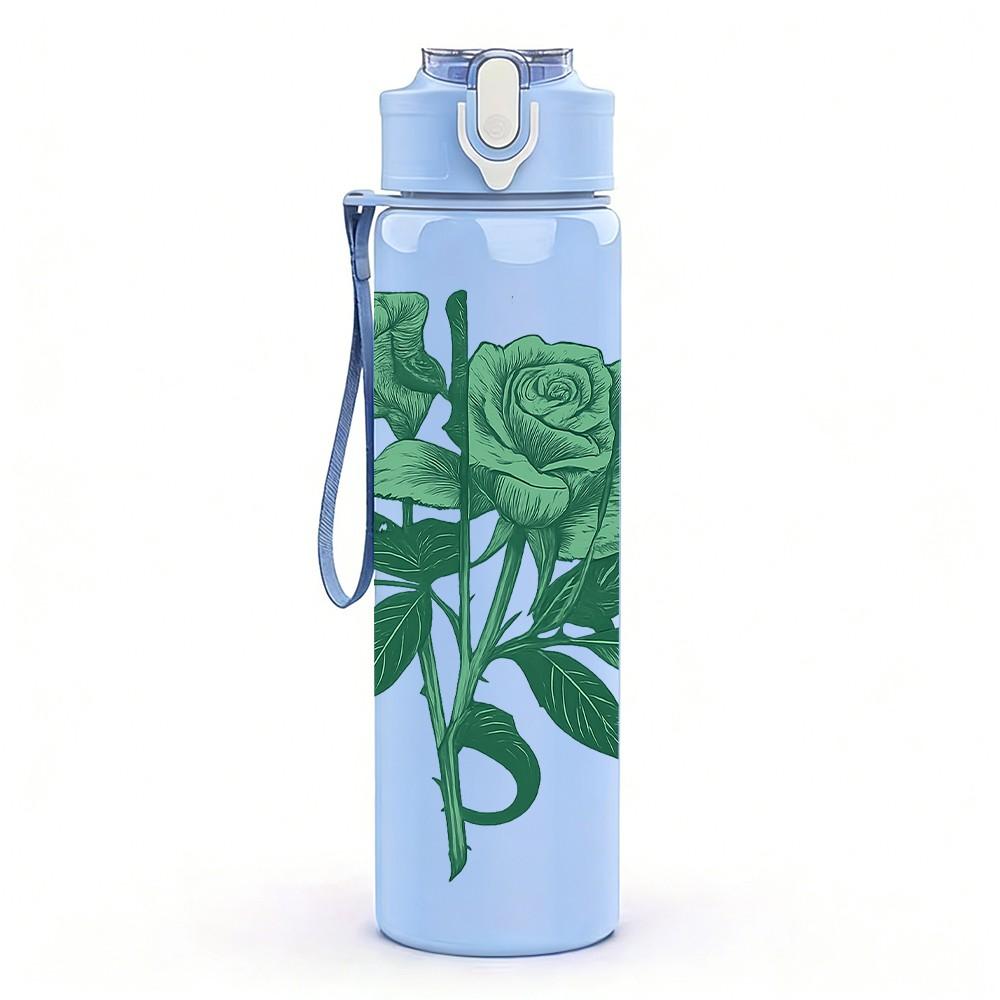 1PC Red Rose Flower 750ml Color Plastic Sports Water Bottle Leakproof Flip Straw Lid Suitable for Sports Office Home Use