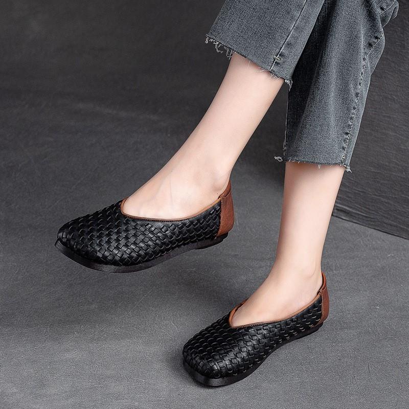 Johnature Vintage Versatile Genuine Leather Woven Flat Shoes Handmade Square Toe Shallow Soft Sole Slip-on Shoes