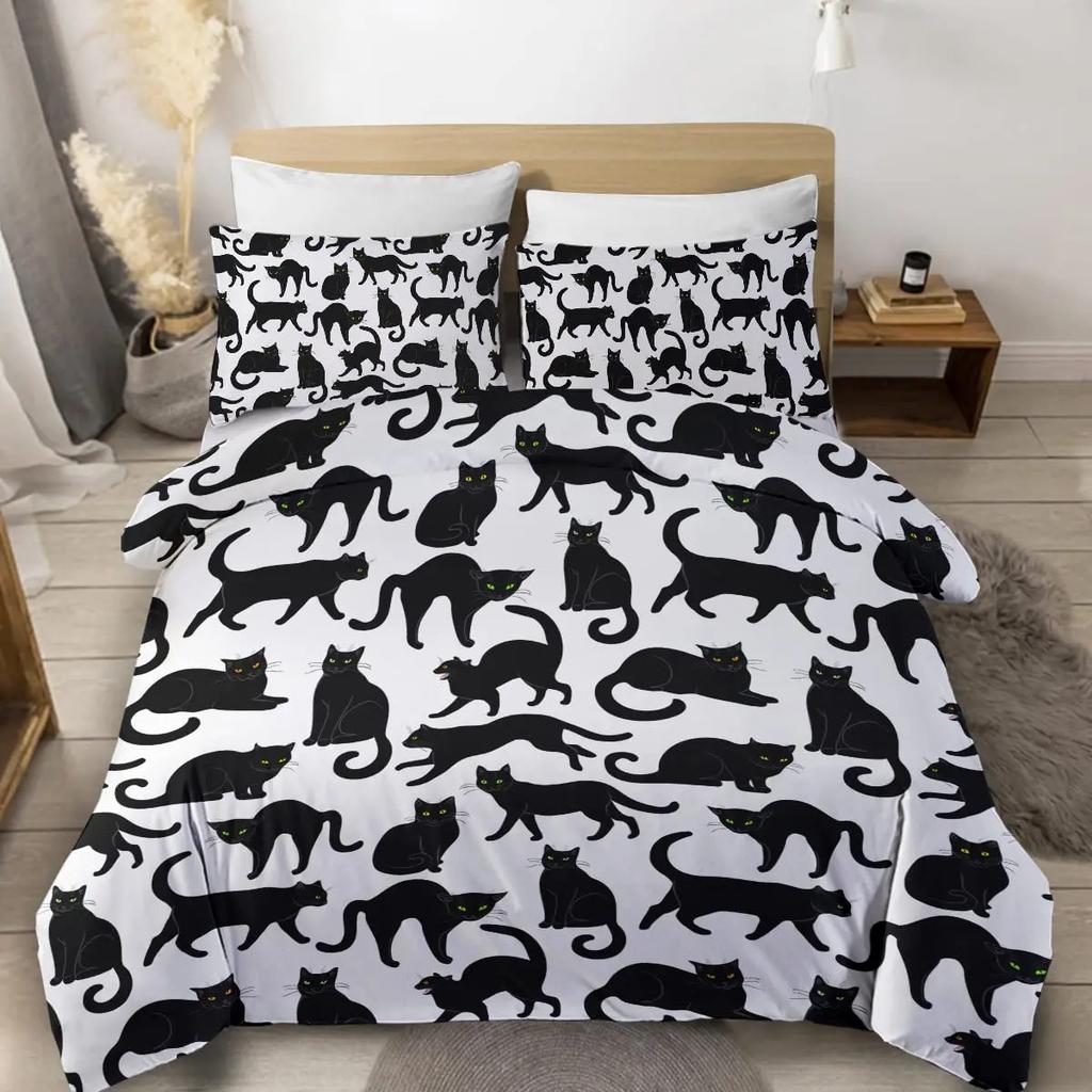 Black Cat Theme Duvet Cover Three-Piece Set Black And White Kitten Print Bedding Set Quilt Cover Pillowcase