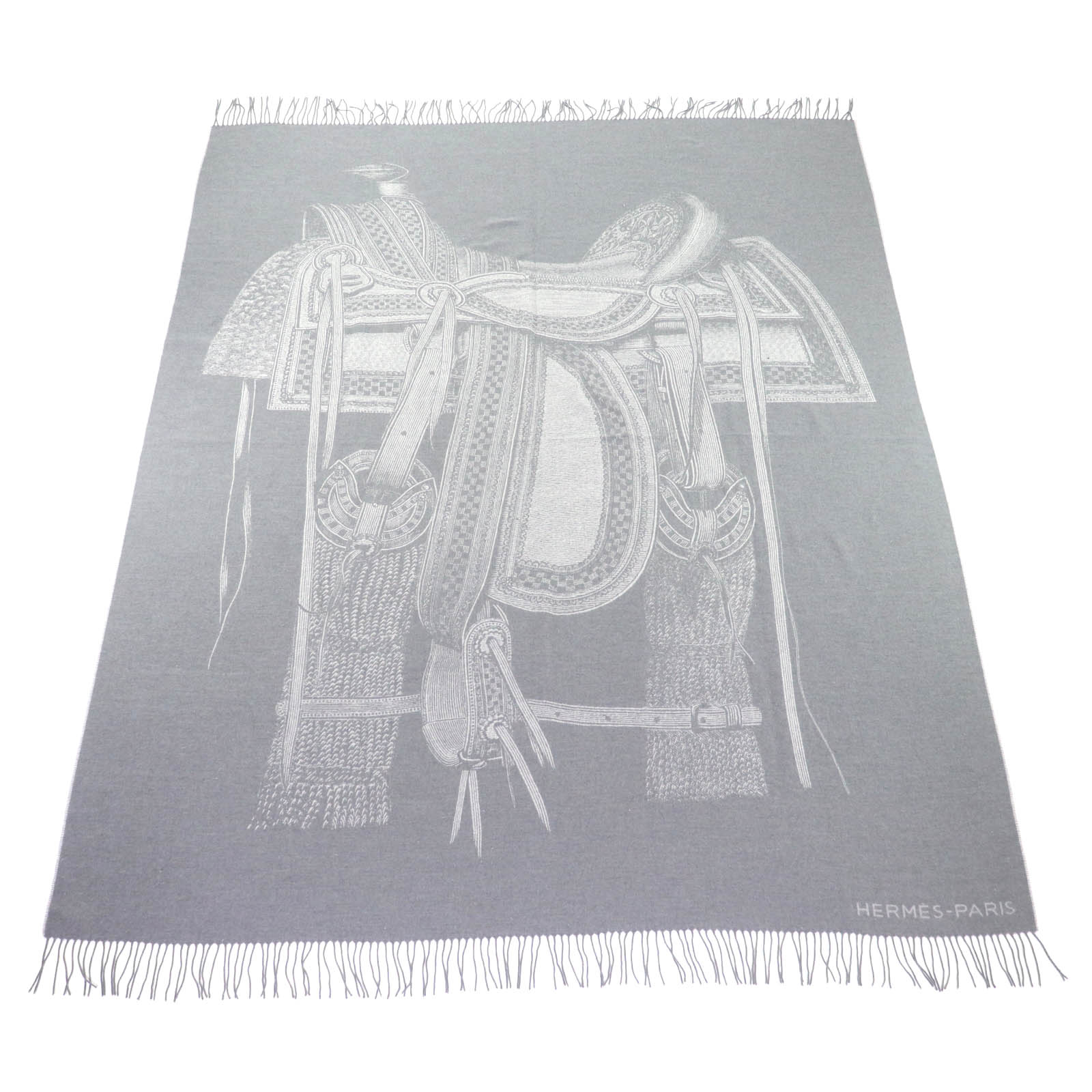 

Great HERMES Plaid selle far west saddle motif Logo large blanket cashmere Used