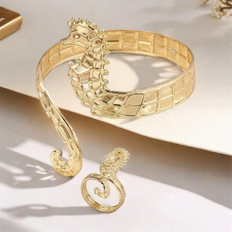 Verstellbares goldenes Seepferdchen-Armband und offener Fingerring, wasserdicht, stilvoller Damenschmuck, trendige Party-Accessoires