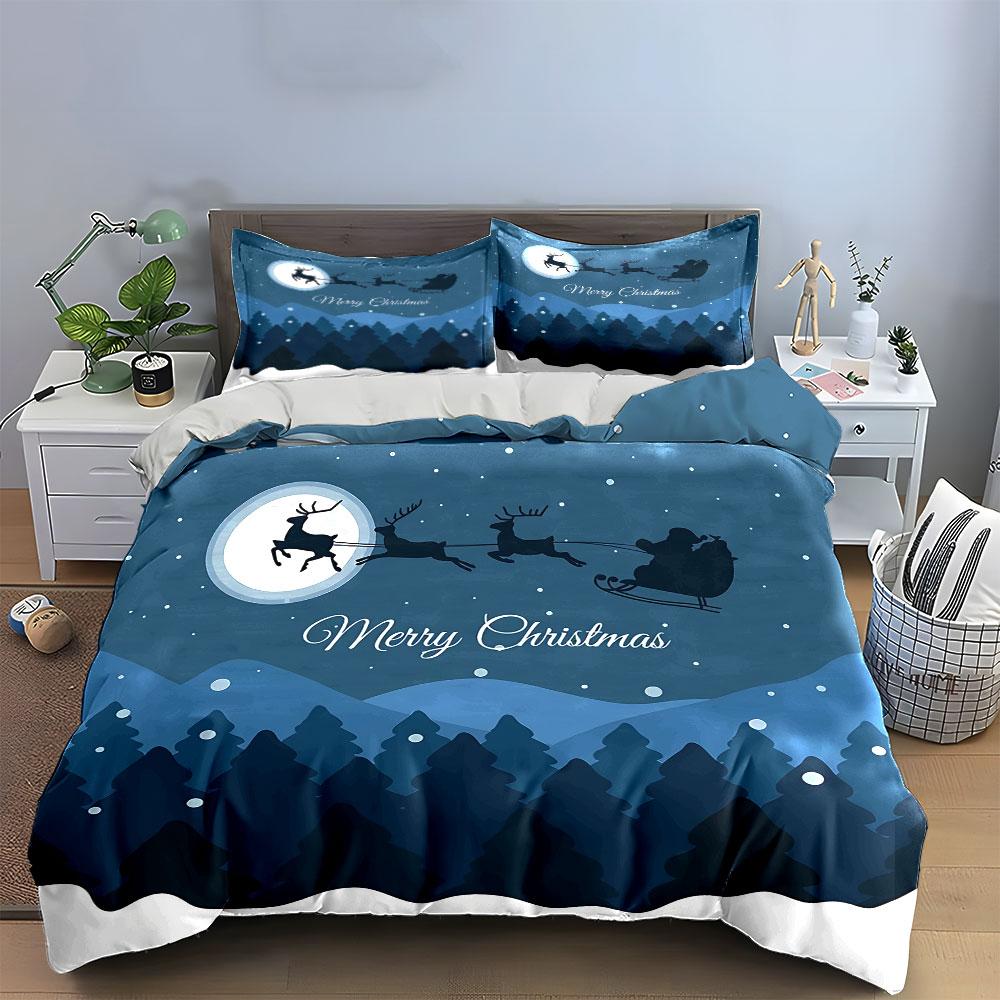 Santa Sleigh and Reindeer Scene Bedding Duvet Cover Set Duvet Cover Pillowcases (1*Duvet Cover 2*Pillowcases, Without Duvet Insert)