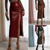 Midi Skirt High Waist Artificial Leather Hip Skirt with Slit Design Pure Color Slimming Fit Office Lady Skirt Work Leisure Daily Wear
