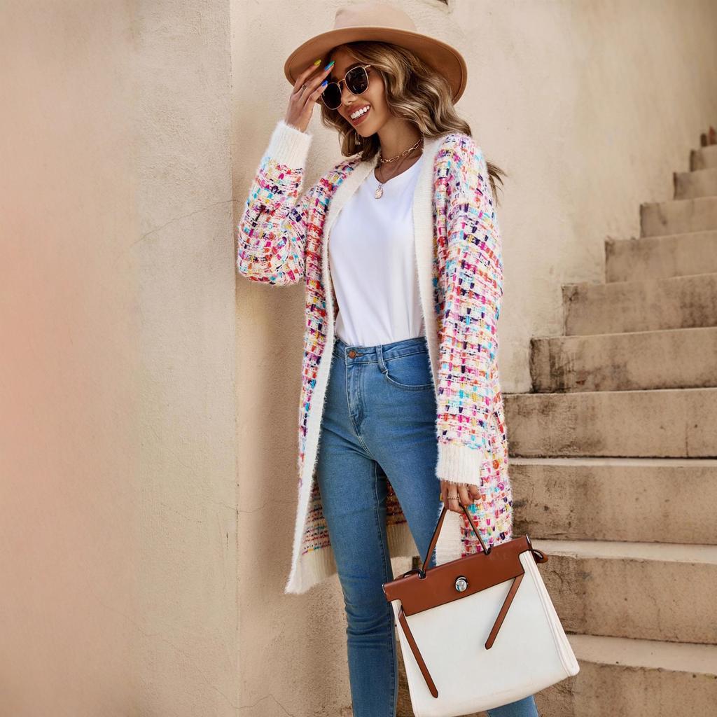 Codzienna jesienno-zimowa damska kurtka z długim rękawem, patchworkowa, modna, średniej długości, sweter, topy, modne