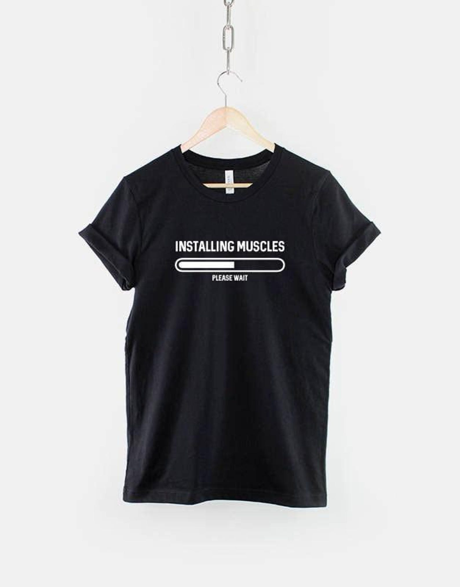 Funny Bodybuilder T-Shirt: Installing Muscles Graphic, Humorous Workout Tee XL
