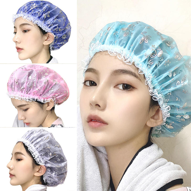1Pc Thick Waterproof Shower Cap Bath Hat Double Layer Hair Cover Women Supplies Showering Mesh Caps Bathroom
