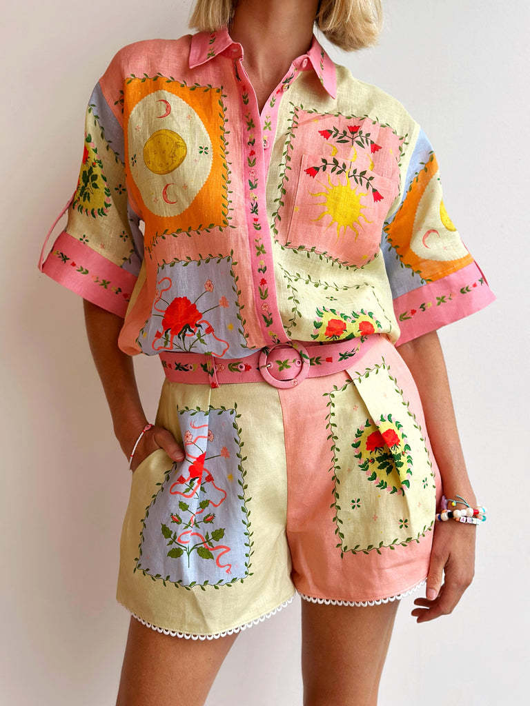 Women s Short Sleeve Shirt and Shorts Set Patchwork Design with Lace Trim S