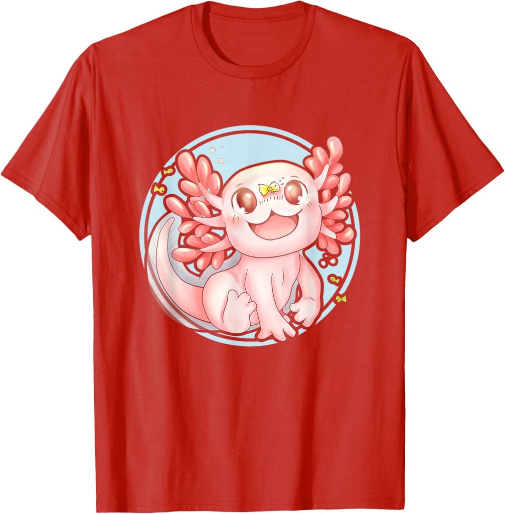 Kawaii Axolotl Cute Pink Amphibian Graphic Tee Soft Cotton Casual Crew Neck T-Shirt for Men