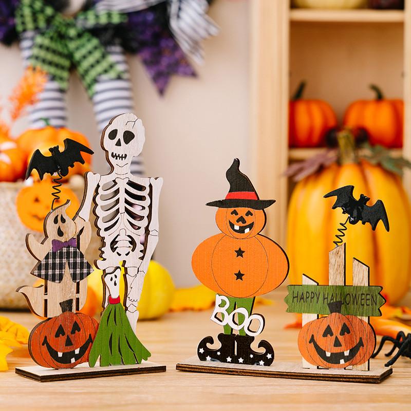 Whimsical Wooden Halloween Decoration Including Spring Bat Pumpkin And Skull For Atmosphere Spooky
