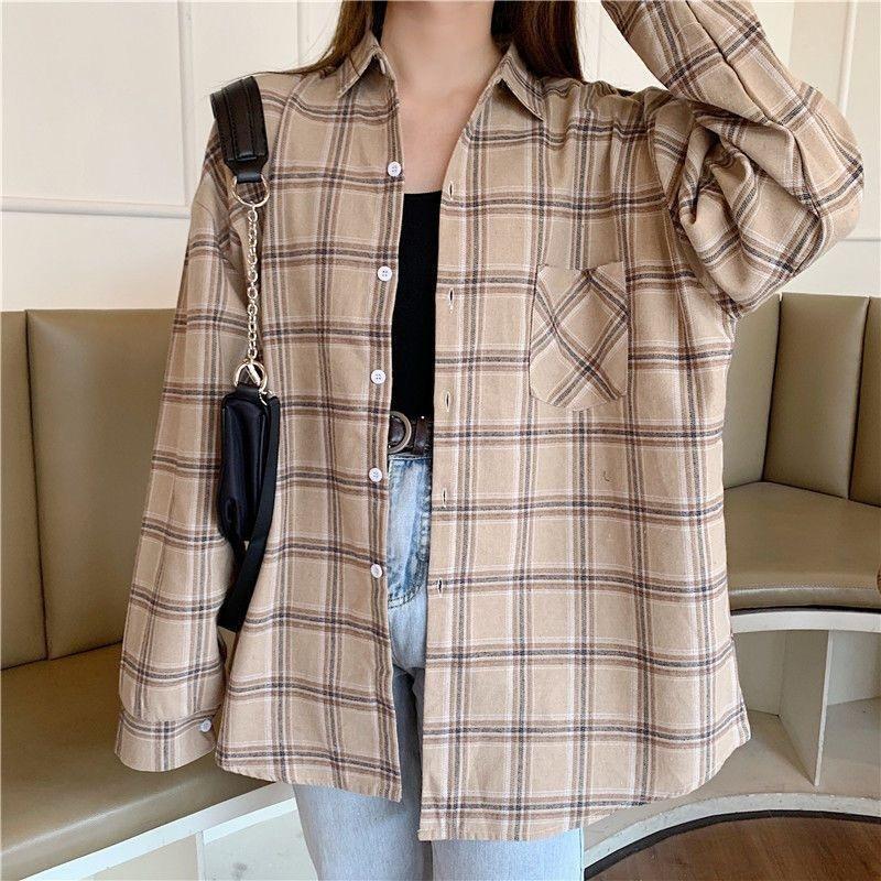 Women Shirt Plaid Oversized Brown Top Turn-down Collar Leisure Fashion Loose All-match Long Sleeves Soft Chic Korean Top
