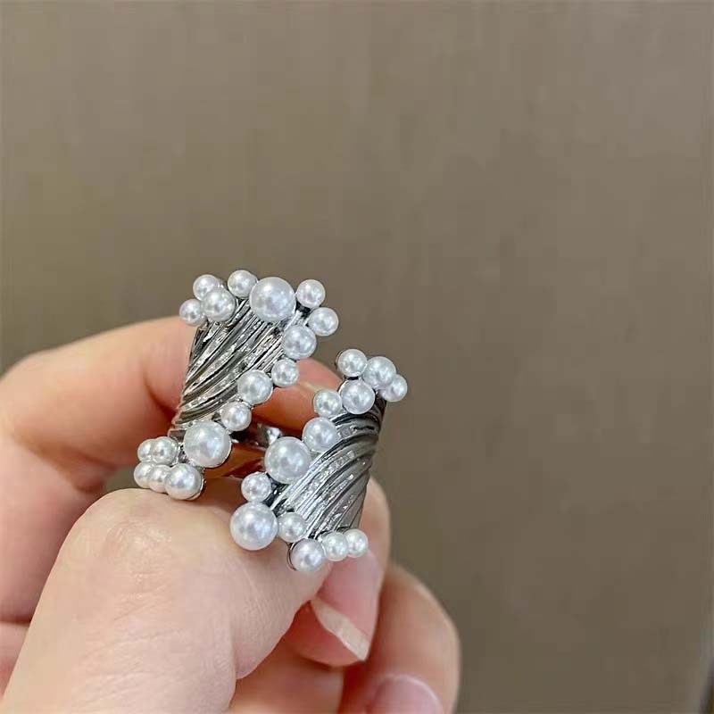 Korean Silver Color Imitation Pearl Open Rings For Women Girls Fashion Design Sense Wide Adjustable Finger Ring Jewelry Gift