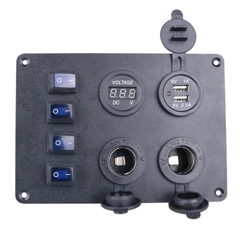 Panou comutator basculant cu 4 grupe 3.1A Încărcător dublu USB pentru mașină Priză de alimentare Priză de curent Voltmetru LED pentru camionul marin RV