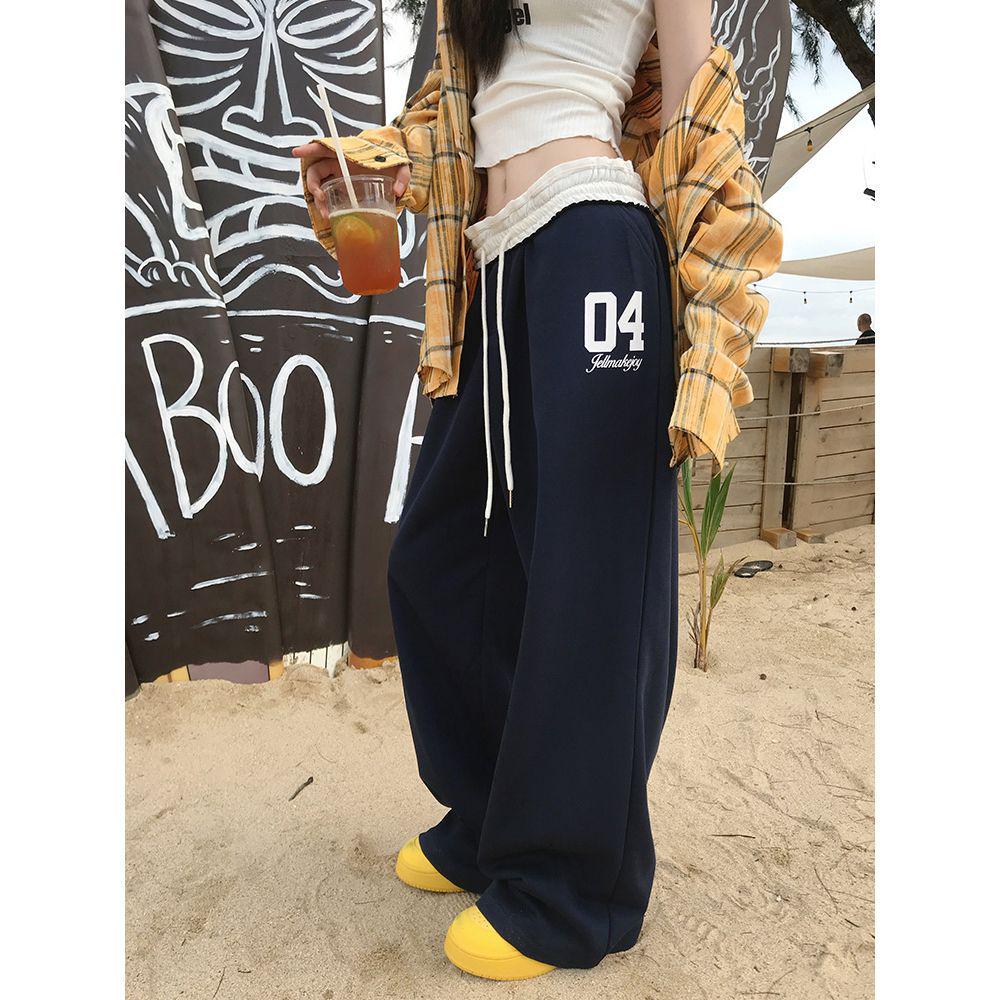 Women's Retro Patchwork Wide Leg Sweatpants - Gray Summer Casual Style