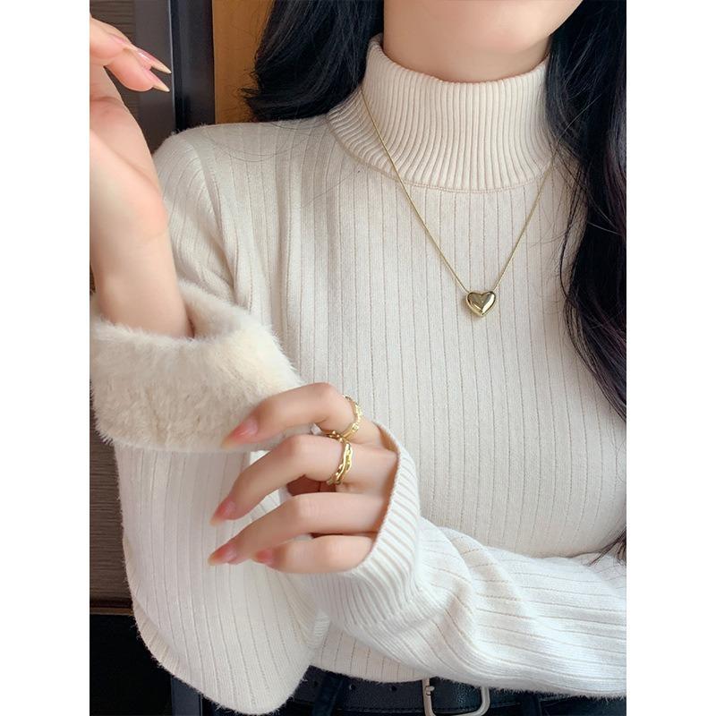 Pit Strip Semi-turtleneck Integrated Imitation Mink Velvet Bottoming Shirt Top Women's Autumn and Winter Slim-fitting Inner with Warm Knitted Sweater