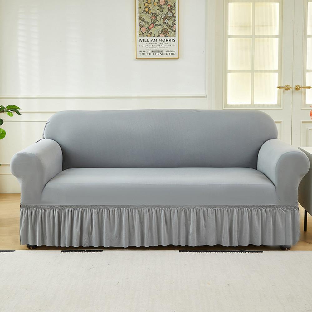 Elastic Solid Color Sofa Cover Full Protection Slip Resistant Minimalist Skirted Design