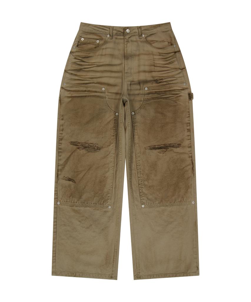 AAKAM Dirty Washed Double Knee Cotton Pants (Beige)