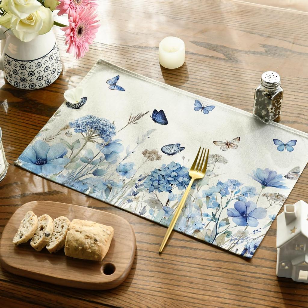 4Pcs, Hydrangea Wildflower Placemats, Washable, Suitable for Holiday Parties, Home Decor, Kitchen Tables, Rectangular Dining Rooms