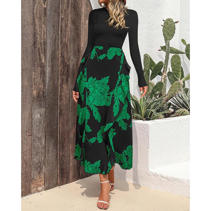 Rochie Casual Elegantă Slim cu Mâneci Lungi de Primăvară pentru Femei, Modă Toamnă, Imprimeu Îmbinat, Rochii Lungi Vintage pentru Femei, Talie Înaltă, Linie A, Rochie Sexy de Petrecere 25943