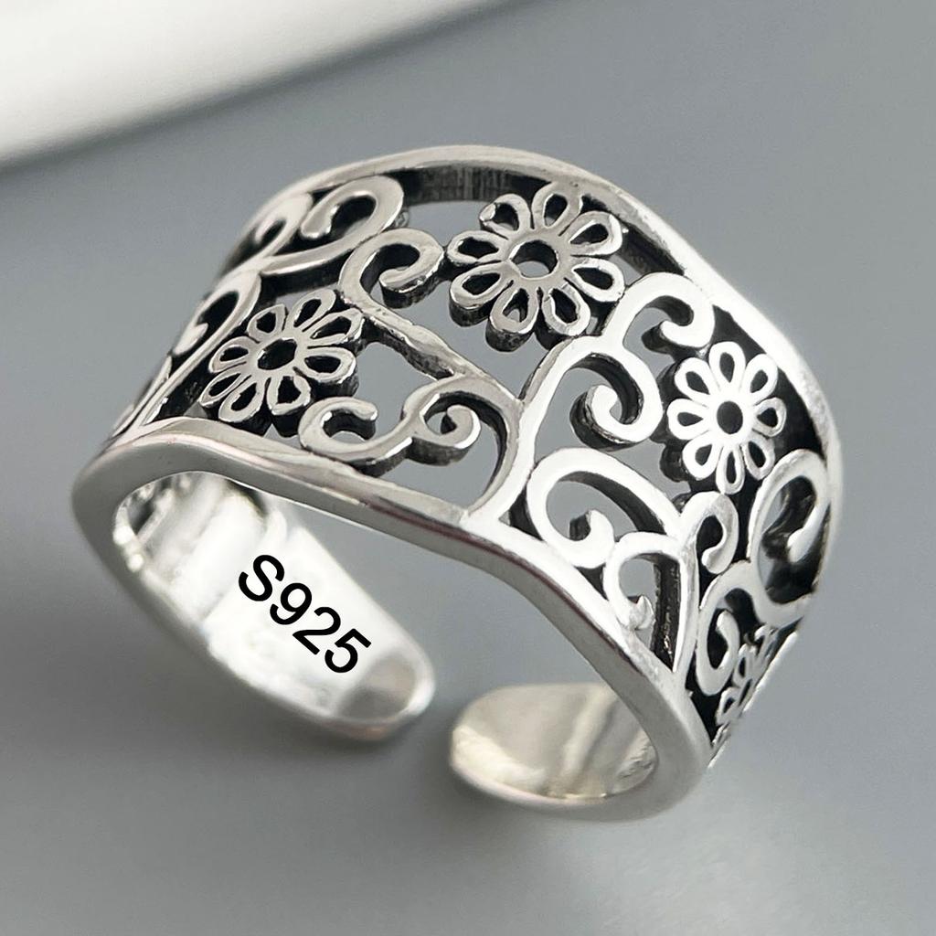 925 Sterling Silver Rings for Women Couple Minimalist Handmade Simple Hollow Flower Ring Fine Jewelry Gift Prevent Allergy
