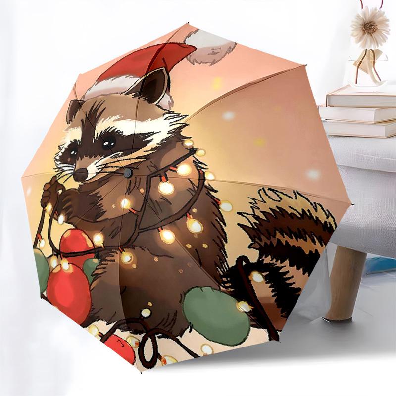 

1pc Christmas Raccoon with Festive Lights, Automatic Opening Folding Umbrella, Portable 3-Fold Design, 8-Bone Iron Frame Outdoor Umbrella, Perfect Hol