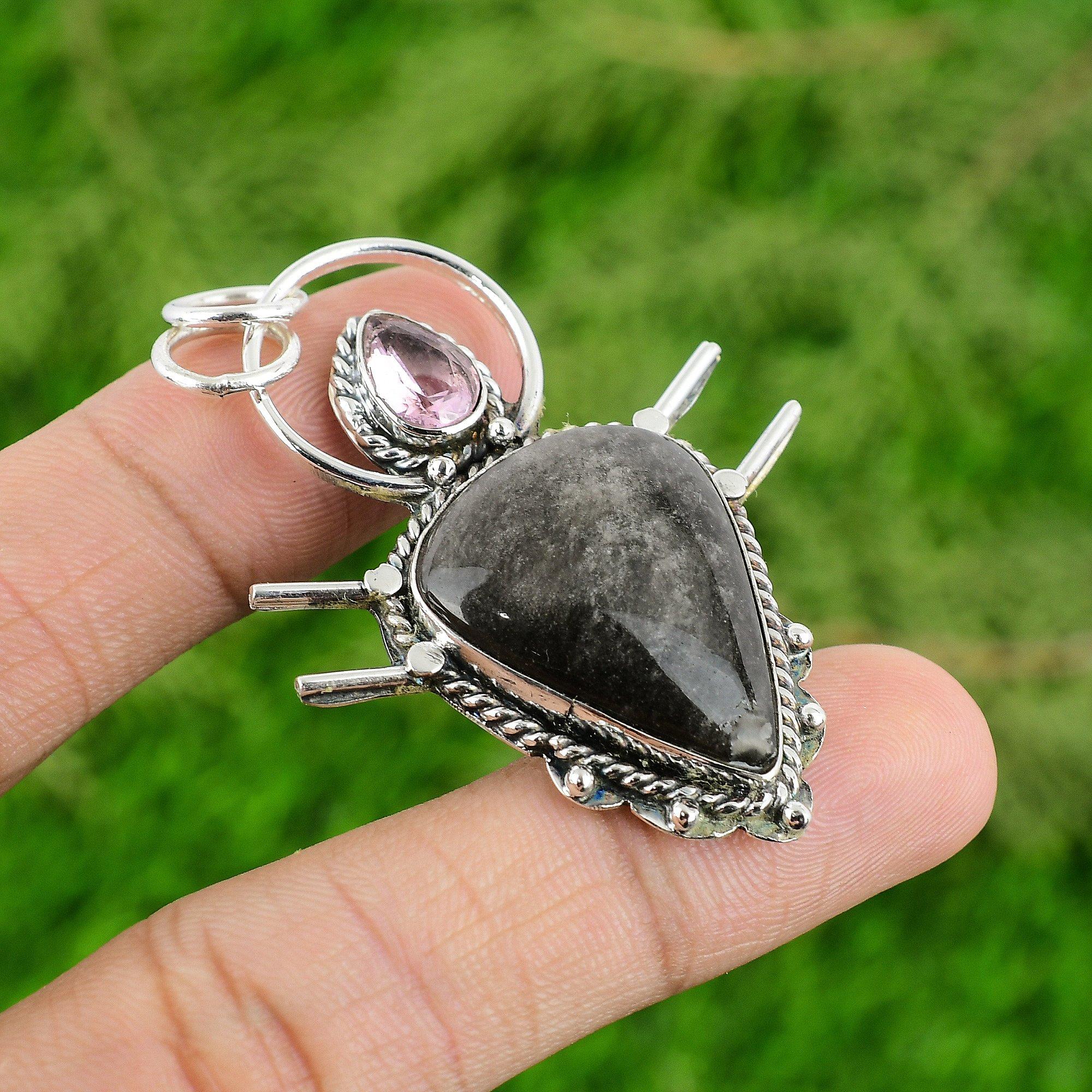 

925 Silver Pear Silver Sheen Obsidian Stone Pink Topaz Wedding Art Deco Pendant