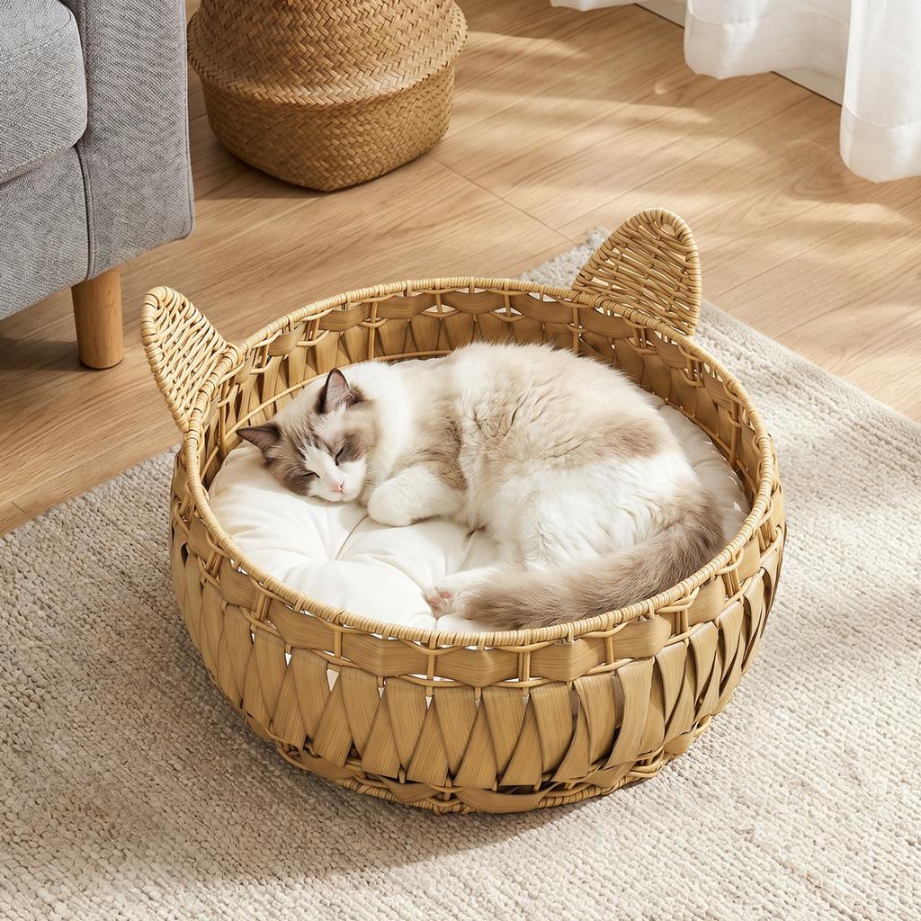 Cat Bed Rattan Cat Cave with Removable Cushion, Cat Basket for Cats Up To 10 Kg, 50 X 50 X 25 Cm, Light Brown