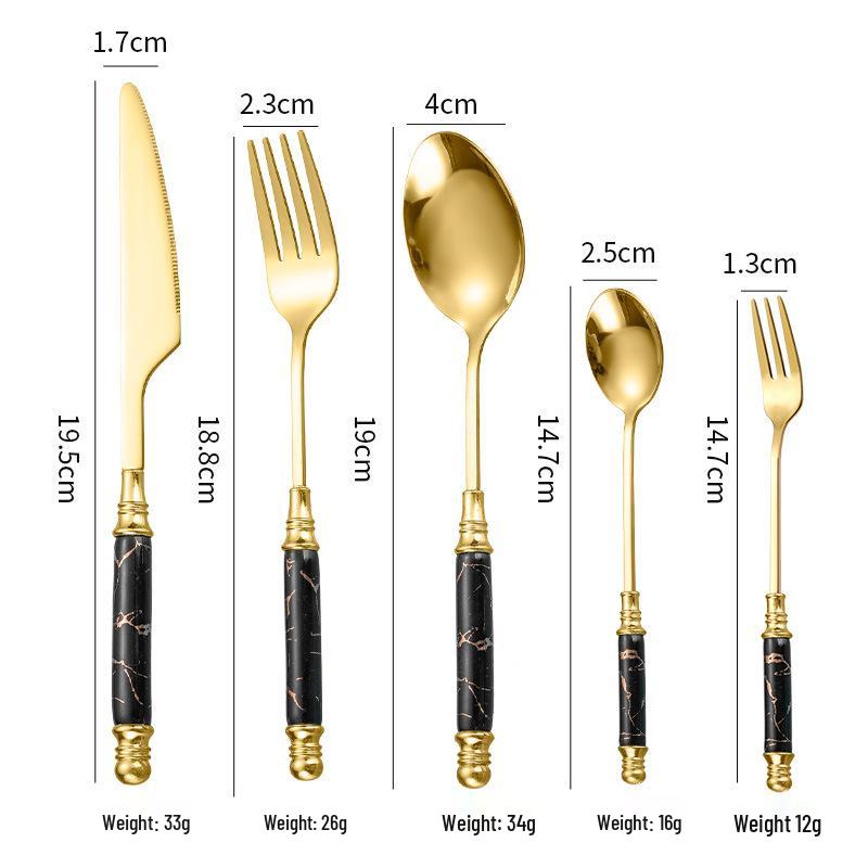 Emerald Marble Pattern 5-Piece Cutlery Set: Stainless Steel Knife, Fork, Spoon with Ceramic Handles