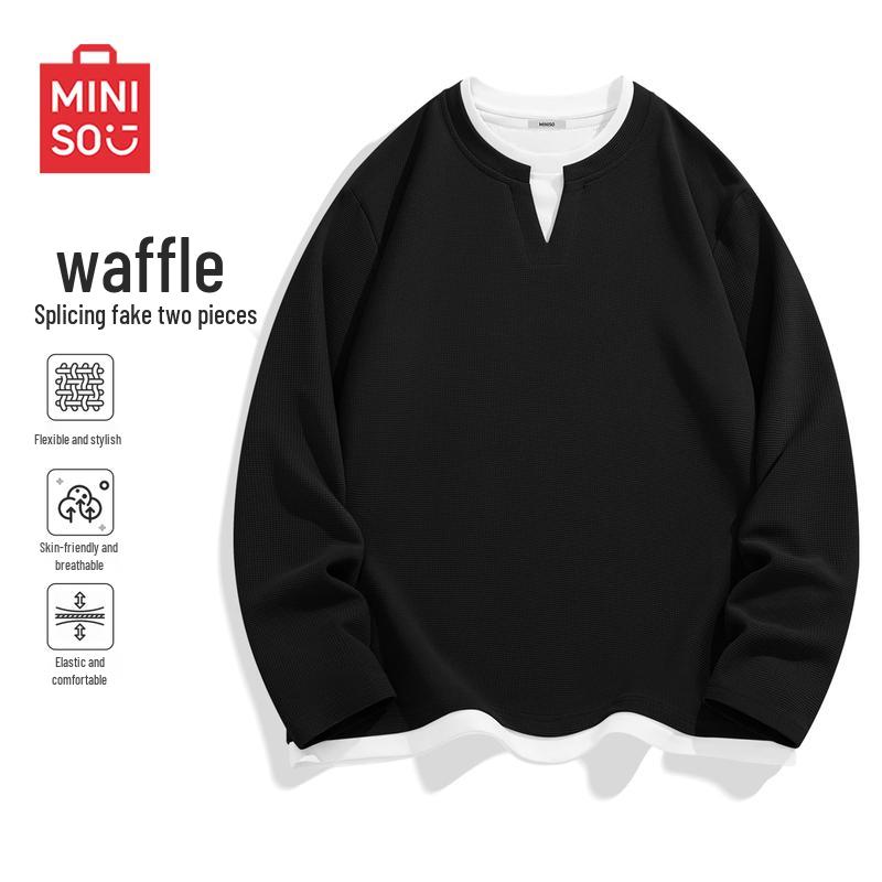 MINISO Camiseta de manga larga con cuello en V gofrado para hombre