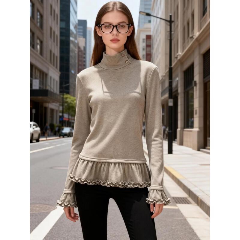 La Chapelle Ruffled Mock Neck Long-Sleeve Women's Tee
