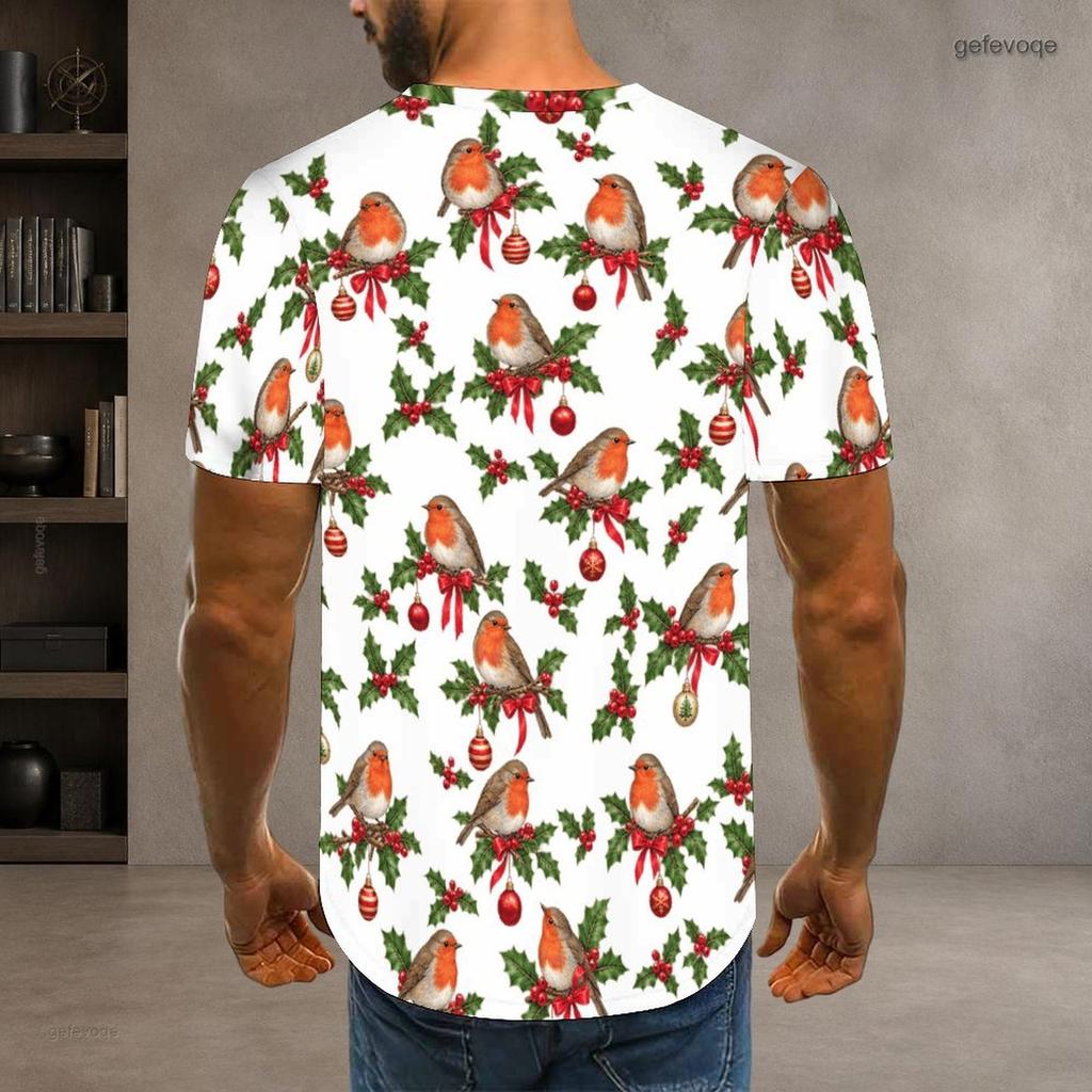 Men s Plus Size Round Neck Short Sleeve Christmas Robin Holly Printed White Pullover T Shirt