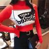 Knitted Sweater Elegant Chic High Collar Long Sleeve Slim Pullovers Women Clothing Korean Fashion Letter Patchwork Basic Ribbed