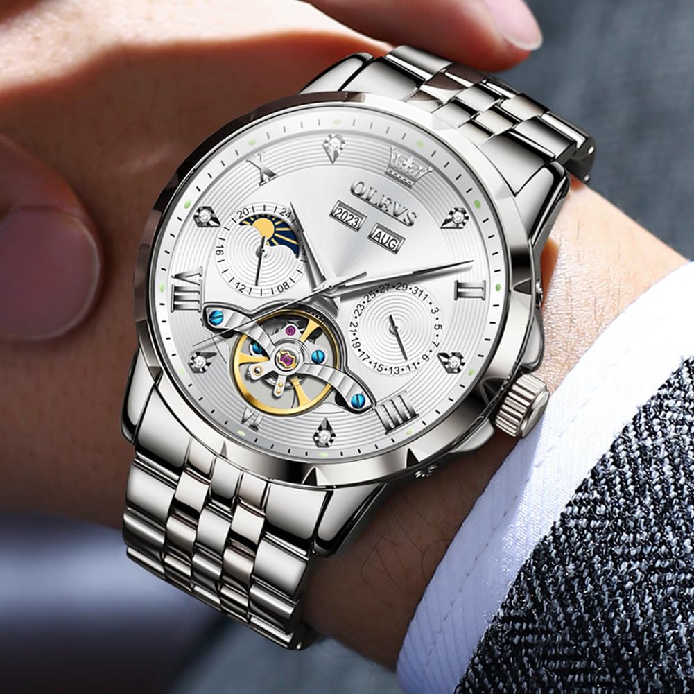 OLEVS Mechanical Automatic Winding Moon Phase Stylish Skeleton Waterproof Popular Watch Luminous Watch for Men White Men's