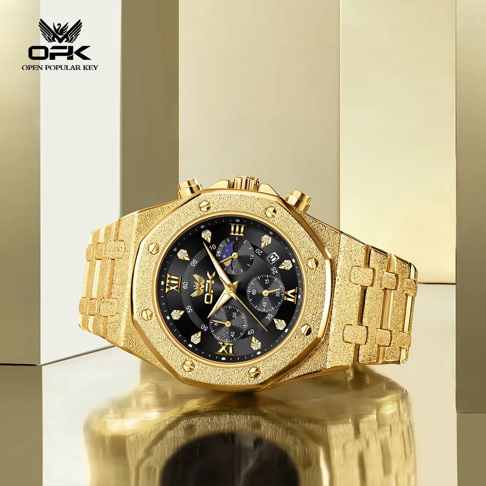 Waterproof Mens Chronograph Watches Steel Strap Moon Phase Calendar Frosted Metal Casual Wrist Watch