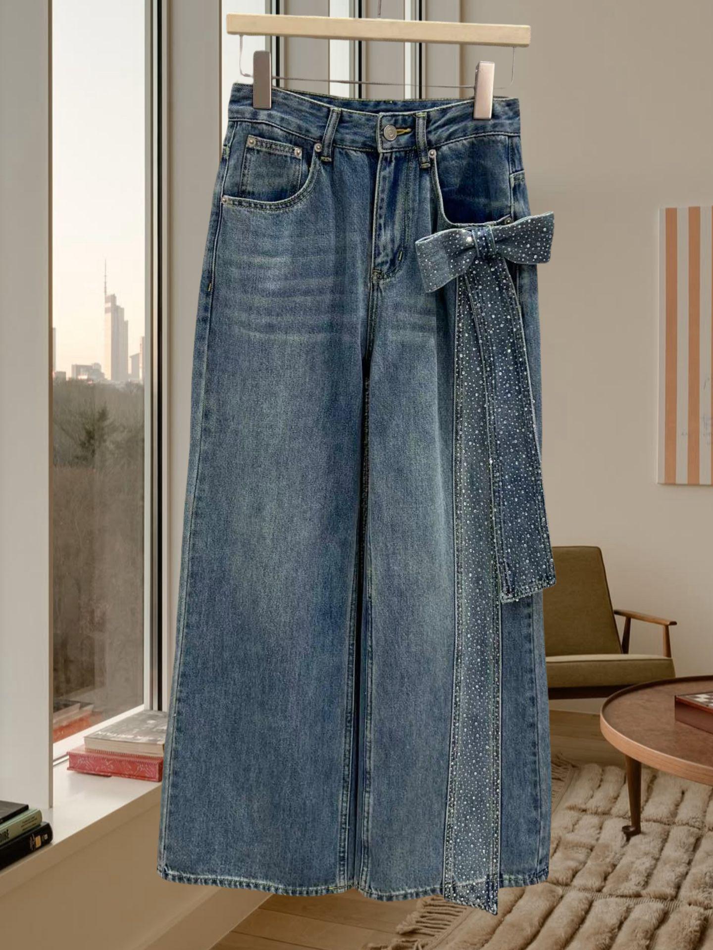 Women s Retro Rhinestone Denim Wide-Leg Jeans - Spring/Autumn Fashion Medium